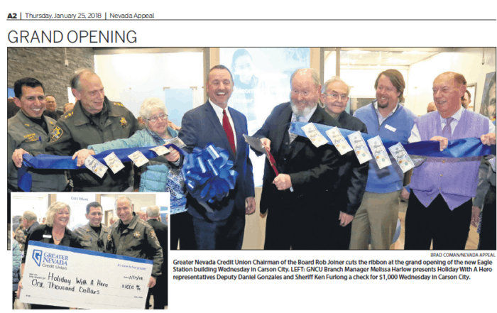 Newspaper clipping of ribbon cutting at GNCU Carson City