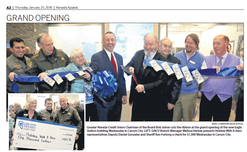 Newspaper clipping of ribbon cutting at GNCU Carson City